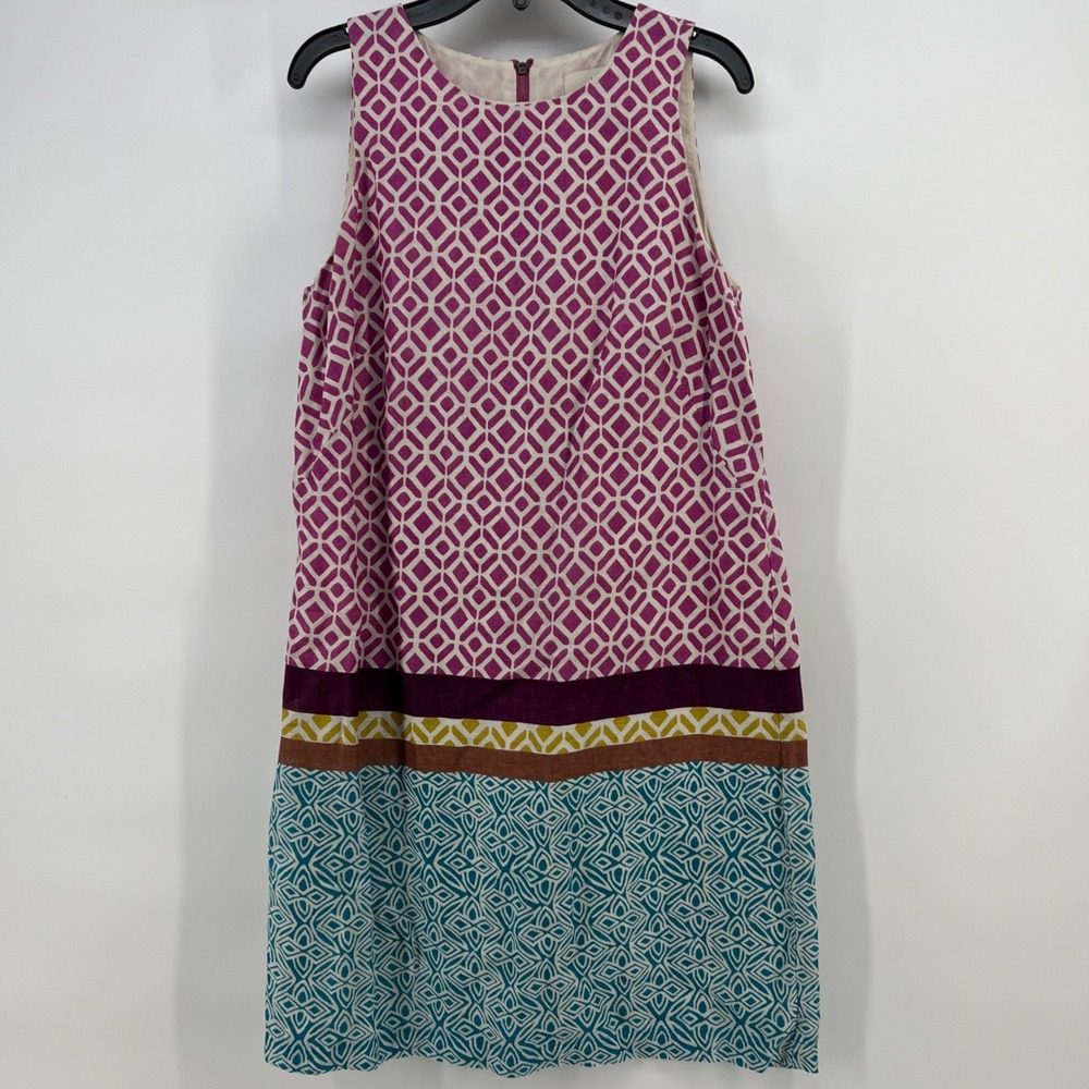 Ann Taylor LOFT Womens‎ Linen Geometric Print Shift Dress Magenta Teal Size 4